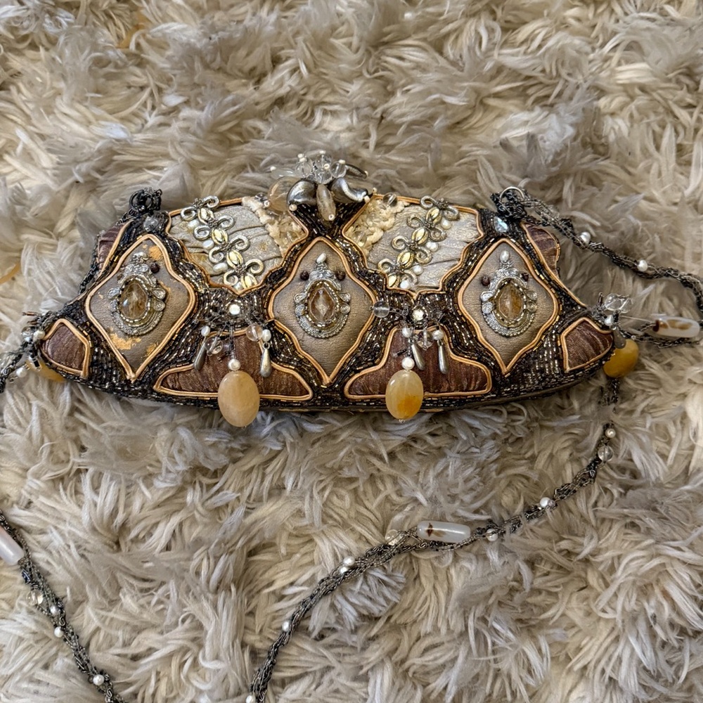 Mary Frances Beaded Clutch with Gold and Brown Details